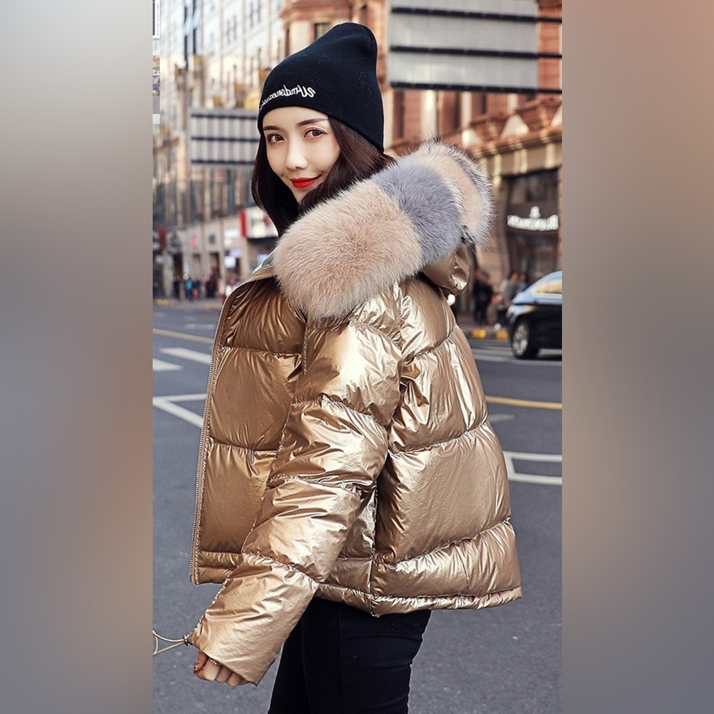 Akira Faux Fur Cropped Hooded Metallic Puffer Coat